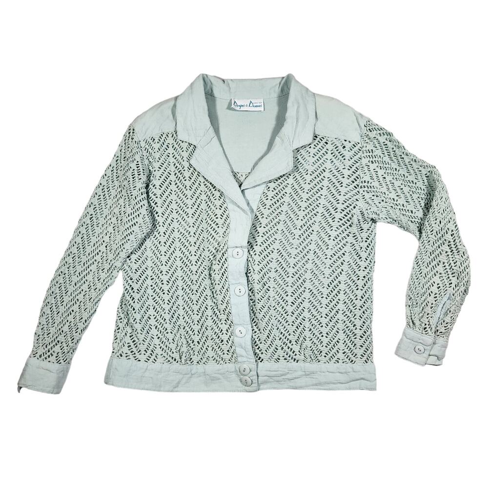 VTG Drapers & Damons Crochet Open Knit Jacket Blue Sz L Festival Rodeo Boho‎